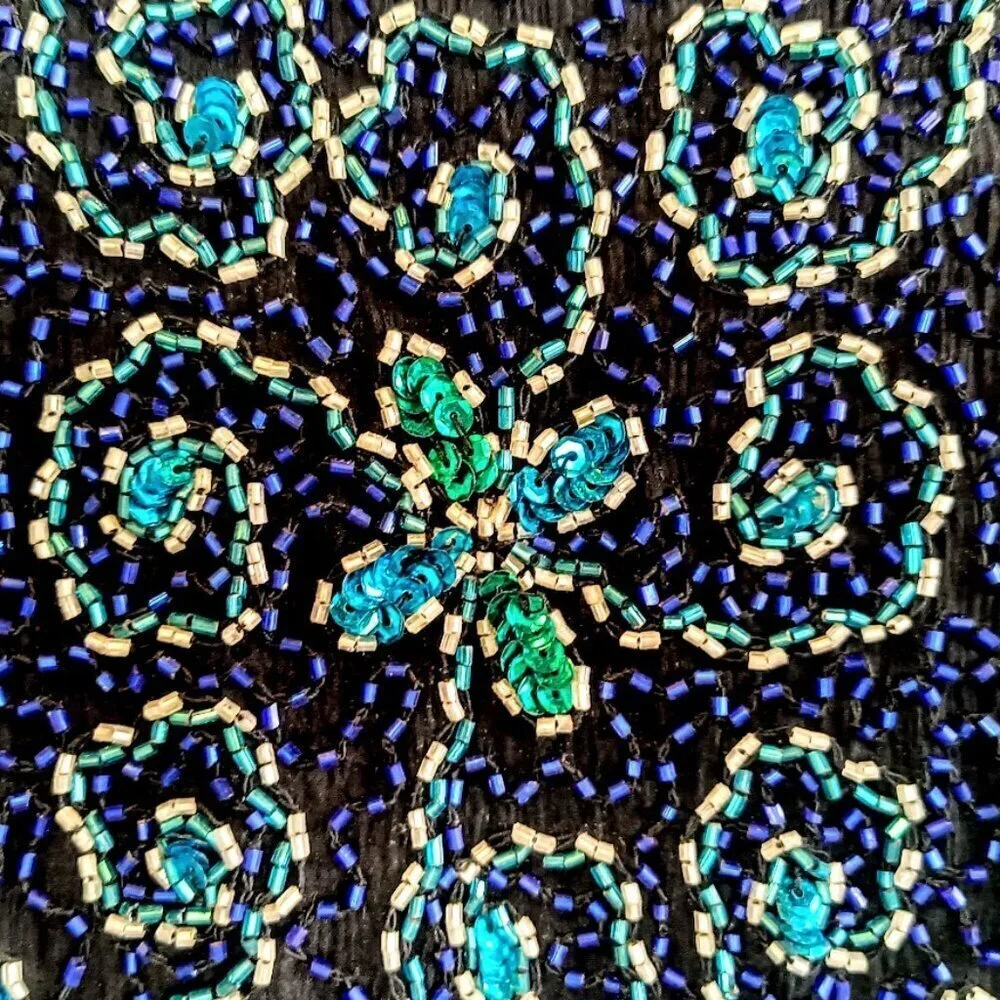 Vintage Papell Boutique Evening Black Blue Teal Beaded Sequin Jacket